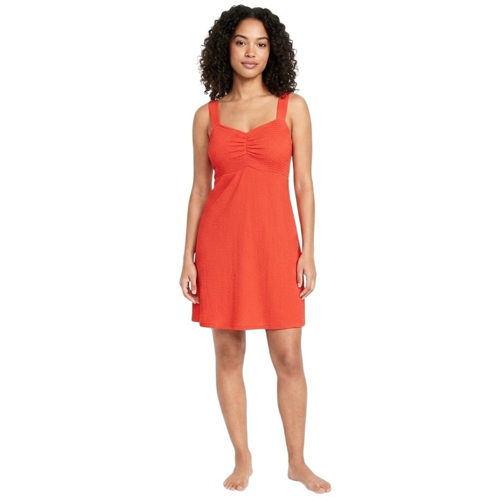 Old Navy Dress Women Medium Red Sun Dress Sleeveless Rayon Smocked Mini Casual